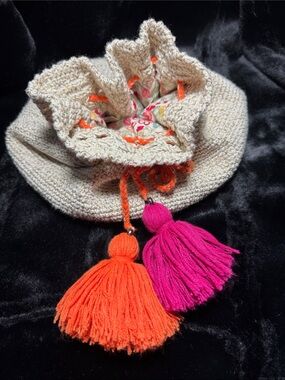 Cream Knit Drawstring Bag with Orange & Pink Tassels